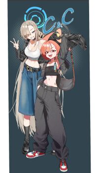 2girls absurdres ahoge armpits asuna_(blue_archive) bag belt black_choker black_jacket blonde_hair blue_archive blue_halo breasts casual choker cleavage collarbone commentary commentary_request crop_top cropped_jacket fashion grin hair_over_one_eye halo hand_in_pocket handbag highres hobo_bag jacket jjigong_chigon large_breasts long_hair long_skirt looking_at_viewer midriff mole mole_on_breast mole_under_eye multiple_girls navel neru_(blue_archive) open_mouth orange_hair pants red_eyes shoes short_hair skirt smile sneakers socks tank_top untied_shoelaces v very_long_hair