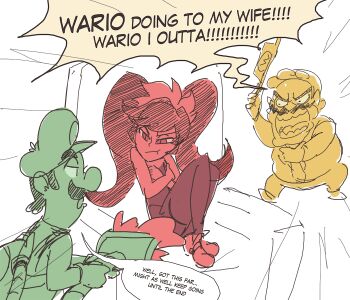 ashley_(warioware) davewaterfalls hat limited_palette luigi luigi&#039;s_mansion mario_(series) nintendo pout sketch speech_bubble twintails vacuum_cleaner wario warioware