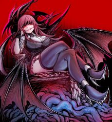Rule 34 | 1girl, alternate costume, black background, black choker, black thighhighs, black vest, boots, chengzilong8, choker, collared shirt, crossed legs, dark persona, demon wings, evil eyes, evil grin, evil smile, flesh, garter straps, gesugao, glowing, glowing eyes, grin, hand on own cheek, hand on own face, head wings, high heel boots, high heels, highres, intestines, koakuma, long hair, looking at viewer, low wings, miniskirt, open mouth, pink skirt, red background, red eyes, red hair, shaded face, sharp teeth, shirt, sitting on throne, skirt, sleeves pushed up, smile, solo, teeth, thighhighs, touhou, two-tone background, vest, white shirt, wings