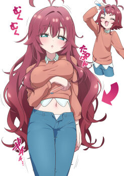 1girl ^_^ age_progression antenna_hair aqua_eyes arm_under_breasts arrow_(symbol) blush breast_expansion breasts brown_sweater closed_eyes commentary_request covered_erect_nipples denim dot_nose double-parted_bangs fluffy_hair hair_intakes hand_up highres holding holding_test_tube jeans kimi_no_koto_ga_dai_dai_dai_dai_daisuki_na_100-nin_no_kanojo large_breasts long_hair long_sleeves looking_at_viewer midriff motion_lines multiple_views navel open_fly open_mouth open_pants panties pants parted_lips red_hair short_hair simple_background smile sound_effects sweater test_tube tiler_(tiler00) translation_request underwear very_long_hair white_background white_panties yakuzen_kusuri yakuzen_kusuri_(older)