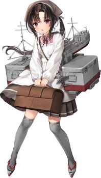 1girl apron artist_request bad_link bandana black_hair brown_bandana brown_skirt collared_shirt cooler full_body geta grey_thighhighs kantai_collection kappougi long_hair looking_at_another lunchbox machinery nankai_(kancolle) nosaki_(kancolle) pink_shirt pleated_skirt red_eyes shirt side_ponytail skirt solo standing thighhighs transparent_background