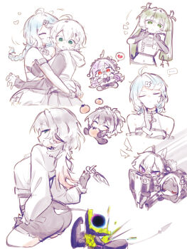 ... 1boy 6+girls ahoge animal_ears belle_(zenless_zone_zero) blindfold blindfold_mask braid broken_heart chibi chibi_inset commentary_request dagger ethereal_(zenless_zone_zero) fingerless_gloves gloves green_eyes hair_ornament hairclip heart highres hug index_finger_raised jane_doe_(zenless_zone_zero) knife mask mole mole_on_shoulder mouse_ears mouse_girl mouse_tail multiple_girls multiple_views qingyi_(zenless_zone_zero) red_eyes seed_(zenless_zone_zero) seth_lowell shield shorts siiaka023 single_braid spinning_weapon spoken_broken_heart spoken_ellipsis sweat tail tomato trigger_(zenless_zone_zero) weapon zenless_zone_zero zhu_yuan