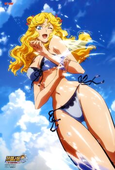 10s 1girl absurdres banpresto bikini blonde_hair blue_eyes breasts cleavage cloud day female_focus happy highres large_breasts leona_garstein long_hair navel nishida_asako one_eye_closed sky solo super_robot_wars super_robot_wars_og_the_inspector super_robot_wars_original_generation super_robot_wars_original_generation_2 swimsuit underboob wink
