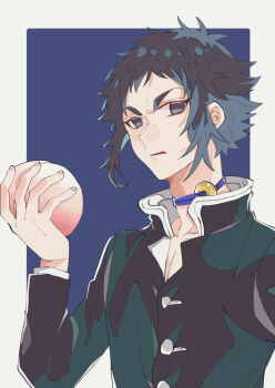 1boy black_jacket blue_background border buttons collarbone fingernails food fruit hand_up high_collar holding holding_food holding_fruit jacket kaigaku kimetsu_no_yaiba m4ki_115 male_focus parted_lips peach short_hair solo spiked_hair thick_eyebrows upper_body white_border