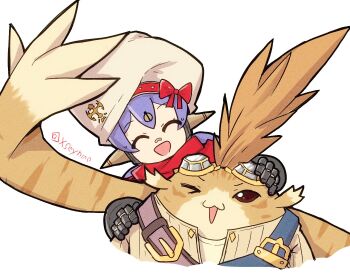 &gt;_o 1boy 1girl :3 android artist_name beret blue_overalls closed_eyes commentary goggles goggles_on_head hat joints looking_at_another looking_back mochimochi_(xseynao) nopon one_eye_closed open_mouth overalls poppi_(xenoblade) poppi_alpha_(xenoblade) purple_hair robot_ears robot_joints short_hair smile symbol-only_commentary tora_(xenoblade_2) twintails white_background xenoblade_chronicles_(series) xenoblade_chronicles_2