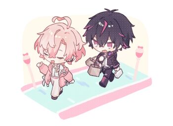 2boys ahoge bag black_hair black_jacket blush capri_pants cardigan chibi chibi_only closed_eyes collared_shirt colored_tips cropped_jacket d: denim double-parted_bangs ear_piercing earrings fragaria_memories full_body hair_between_eyes hair_intakes headphones headphones_around_neck holding jacket jeans jewelry kurode_(fragaria_memories) lapels long_sleeves merold_(fragaria_memories) multicolored_hair multiple_boys multiple_piercings notched_lapels open_cardigan open_clothes open_mouth pants piercing pink_cardigan pink_hair rei_(926qz) shirt shoes shopping_bag short_hair side_part sidewalk simple_background smile sneakers striped_clothes striped_shirt suspenders torn_clothes torn_jeans torn_pants vertical-striped_clothes walking white_shirt