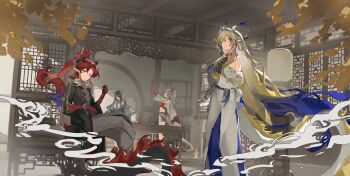 1boy 3girls absurdres arknights bare_shoulders beads black_hair black_jacket blonde_hair blue_eyes blue_hair brother_and_sister chinese_commentary closed_mouth colored_extremities commentary_request dragon_girl dragon_horns dragon_tail dusk_(arknights) earrings green_eyes grey_hair grey_jacket grey_pants hair_between_eyes hair_intakes hair_over_one_eye highres horns indoors jacket jewelry light_smile linkai long_hair long_sleeves looking_at_viewer magic multicolored_hair multiple_girls nian_(arknights) off_shoulder one_eye_covered outstretched_arm pants pointy_ears ponytail purple_hair red_hair shu_(arknights) siblings sisters sitting standing tail very_long_hair yu_(arknights)