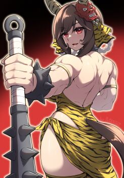 Rule 34 | 1girl, alternate costume, armlet, bracelet, braid, braided hair rings, brown hair, brown tail, clothing cutout, club, club (weapon), commentary request, ear covers, from behind, gentildonna (umamusume), hair rings, highres, holding, holding club, holding weapon, horse girl, horse tail, jewelry, leotard, looking at viewer, looking back, mask, mask on head, median furrow, muscular, muscular female, oni costume, oni mask, open mouth, pataneet, print leotard, print sarong, print thighhighs, red eyes, sarong, smile, solo, spiked bracelet, spiked club, spikes, tail, tail through clothes, thighhighs, thighs, umamusume, weapon, yellow leotard, yellow sarong, yellow thighhighs