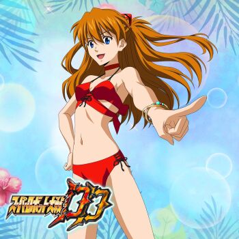 1girl bikini blue_eyes breasts brown_hair cleavage floating_hair hand_on_own_hip highres index_finger_raised logo long_hair medium_breasts navel neon_genesis_evangelion official_art open_mouth red_bikini side-tie_bikini_bottom smile solo souryuu_asuka_langley standing super_robot_wars super_robot_wars_dd swimsuit thighs twintails two_side_up