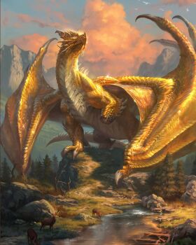 amputee animal claws cloud cloudy_sky deer dragon dragon_horns dragon_tail dragon_wings eragon fantasy glaedr_(eragon) gold_scales grey_sky highres horns joshua_raphael mountain nature no_humans outdoors river scales second-party_source sharp_teeth sky spiked_tail tail teeth tree wings yellow_scales