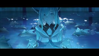 1girl absurdres ahoge animal_ear_piercing animal_ears blue_neckerchief braid chainsaw_man closed_mouth commentary_request detached_sleeves double-parted_bangs fox_ears fox_girl gen_1_pokemon hair_between_eyes highres hololive hood hooded_vest hoodie hyde_(tabakko) i&#039;ll_teach_you_everything_(chainsaw_man) long_hair looking_at_viewer magikarp neckerchief nintendo partially_submerged pokemon pool scene_reference shirakami_fubuki shirakami_fubuki_(1st_costume) side_braid smile solo vest virtual_youtuber wet wet_hair white_hair white_sleeves