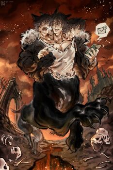 3boys 4_virgin animal_ears black_jacket brown_hair castle cellphone centauroid cerberus claws commentary dog_boy dog_ears embers english_commentary fangs fingernails full_body fur-trimmed_jacket fur_trim hell highres holding holding_phone jacket looking_at_another male_focus monster_boy multiple_boys multiple_heads muscular muscular_male open_clothes open_jacket original outdoors phone running sharp_fingernails short_hair skeleton skull smartphone solo tank_top taur white_tank_top