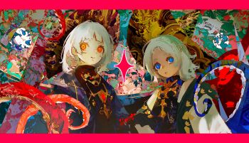 2girls absurdres blue_eyes blunt_bangs commentary english_commentary hat highres jewelry kevin_adi looking_at_viewer multiple_girls orange_eyes original tentacles white_hair wizard_hat