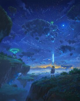 1boy blonde_hair cyclecircle floating_island glowing glowing_sword glowing_weapon highres hylian_shield landscape link master_sword moon mountain night night_sky nintendo pointy_ears scenery shield sky solo standing star_(sky) starry_sky the_legend_of_zelda the_legend_of_zelda:_tears_of_the_kingdom weapon