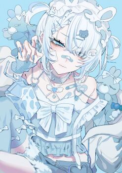 1girl angel_wings_hair_ornament bandaid bandaid_on_face bandaid_on_nose blue_background blue_eyes blue_nails blue_tank_top blue_thighhighs bow choker closed_mouth eyes_visible_through_hair fingernails frilled_headwear hair_between_eyes hair_ornament hair_over_one_eye hairclip highres jacket kuroume_(aihikarikuroume24) original sharp_fingernails solo spiked_choker spikes tank_top tenshi_kaiwai thighhighs two_side_up white_bow white_hair white_jacket