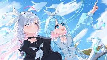 2girls :d absurdres arona_(blue_archive) backlighting black_choker black_hairband black_sailor_collar black_shirt blue_archive blue_eyes blue_hair blue_halo blue_pupils blue_shirt blue_sky blunt_bangs blush bow bowtie choker closed_mouth cloud collarbone colored_inner_hair commentary day dutch_angle eyebrows_hidden_by_hair eyelashes floating_hair grey_eyes gun hair_bow hair_over_one_eye hairband halo happy highres index_finger_raised long_hair long_sleeves medium_hair midriff multicolored_hair multiple_girls neckerchief open_mouth outdoors outstretched_arm pink_hair plana_(blue_archive) pointing pointing_forward puffy_long_sleeves puffy_sleeves red_halo red_pupils reymrd ring_of_light_(blue_archive) sailor_collar school_uniform serafuku shirt side-by-side signature skirt sky smile soap_bubbles split_mouth tareme tsurime two-tone_hair upper_body very_long_hair weapon white_bow white_bowtie white_choker white_hair white_hairband white_neckerchief white_sailor_collar white_skirt wind