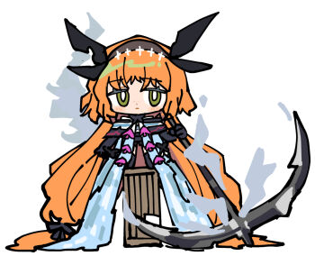 Rule 34 | 1girl, absurdly long hair, arknights, black ribbon, blush, brown hairband, chibi, closed mouth, e.g.o (project moon), freckles, green eyes, hair ribbon, hairband, huge weapon, ishmael (project moon), limbus company, long hair, orange hair, pinch (nesume), project moon, ribbon, solo, tidal elegy (e.g.o), very long hair, weapon