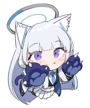 1girl blue_archive blush chibi full_body halo headphones highres image_sample noa_(blue_archive) plentyofempty purple_eyes school_uniform solo twitter_sample white_background