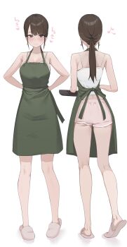 1girl apron arms_behind_back bare_arms bare_shoulders blush breasts brown_eyes brown_hair closed_mouth collarbone earrings frying_pan full_body green_apron heart heart-shaped_pupils heart_earrings highres holding holding_frying_pan jewelry large_breasts long_hair looking_at_viewer multiple_views original pink_pupils pink_shorts pink_slippers satellite999 short_shorts shorts sleeveless slippers standing symbol-shaped_pupils translation_request