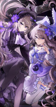 2girls absurdres artist_name ascot black_bonnet black_dress black_gloves black_pantyhose bonnet bow brown_hair choker closed_mouth commentary_request dress feet_out_of_frame floating_hair flower frilled_dress frills gem gloves hand_in_another&#039;s_hair hand_up hat hat_flower herta_(honkai:_star_rail) herta_(puppet)_(honkai:_star_rail) herta_(puppet)_(tea_break)_(honkai:_star_rail) herta_(simulated_universe_avatar)_(honkai:_star_rail) highres honkai:_star_rail honkai_(series) long_sleeves looking_at_viewer multiple_girls multiple_persona nail_polish nyari1028 official_alternate_costume pantyhose purple_bow purple_choker purple_eyes purple_flower purple_gemstone purple_nails single_hair_intake smile star_(sky) starry_sky_background the_herta_(honkai:_star_rail) the_herta_(tea_break)_(honkai:_star_rail) thighhighs twitter_username white_ascot white_dress white_thighhighs