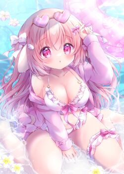 1girl :o arm_between_legs bare_shoulders bikini blush bow breasts chiika_(cure_cherish) cleavage collarbone eyewear_on_head fingernails hair_bow hand_up hashtag-only_commentary heart heart-shaped_eyewear jacket large_breasts long_hair long_sleeves looking_at_viewer nail_polish navel original pink-tinted_eyewear pink_bow pink_hair pink_jacket pink_nails purple_eyes single_bare_shoulder single_off_shoulder sitting solo stomach swimsuit thigh_strap tinted_eyewear very_long_hair wariza white_bikini