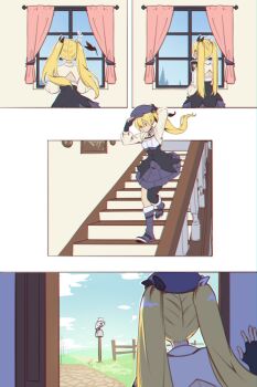 1girl asymmetrical_legwear bird black_gloves blonde_hair dokibird dokibird_(retro_doki) door fingerless_gloves gloves highres indie_virtual_youtuber jacket long_hair no_mouth open_clothes open_jacket tagme twintails virtual_youtuber window yoruny