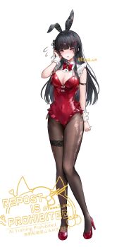 1girl absurdres alternate_breast_size_(larger) alternate_costume animal_ears arm_strap black_hair bow breasts bright_pupils brown_pantyhose chisa_(wuthering_waves) cleavage commentary covered_navel fake_animal_ears flying_sweatdrops full_body hand_up high_heels highres lace_thigh_strap large_breasts leotard long_hair looking_at_viewer omelet_tomato pantyhose parted_lips playboy_bunny rabbit_ears red_bow red_eyes red_leotard red_shoes shoes simple_background solo torn_clothes torn_pantyhose white_background white_pupils white_wrist_cuffs wrist_cuffs wuthering_waves