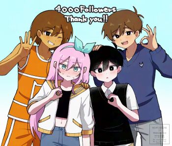 1girl 3boys alternate_eye_color antenna_hair aubrey_(faraway)_(omori) aubrey_(omori) black_eyes black_hair black_sweater_vest blue_eyes blue_hairband blue_skirt blue_sweater blush bright_pupils brothers brown_hair closed_mouth collarbone collared_shirt crop_top dark-skinned_male dark_skin denim denim_skirt double-parted_bangs english_text grey_pants grin hair_between_eyes hairband hand_on_another&#039;s_head hand_on_another&#039;s_shoulder hero_(faraway)_(omori) hero_(omori) highres jacket kel_(faraway)_(omori) kel_(omori) kiimorisame long_hair long_sleeves looking_at_viewer milestone_celebration multiple_boys navel ok_sign omori one_eye_closed open_mouth orange_shorts pants parted_lips pink_hair shirt short-sleeved_jacket short_hair short_sleeves shorts siblings skirt smile sunny_(omori) sweat sweater sweater_vest teeth upper_teeth_only white_jacket white_pupils white_shirt