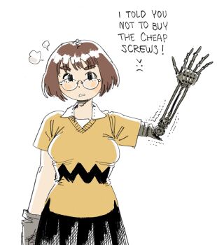 1girl angry breasts brown_hair glasses gloves heidi_(heytherenrds) highres mechanical_arms medium_breasts original pleated_skirt prosthesis prosthetic_arm short_hair short_sleeves simple_background single_glove single_mechanical_arm skirt solo steam sweater upper_body white_background