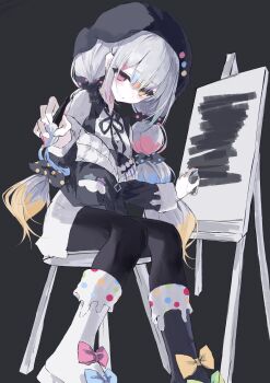 1girl absurdres asymmetrical_footwear beret black_boots black_pantyhose black_ribbon boots bow braid canvas_(object) chinese_commentary closed_mouth commentary_request easel empty_eyes expressionless grey_background hat heterochromia highres holding holding_paintbrush holding_spray_can jogasaki_noah long_hair long_sleeves looking_at_viewer magical_girl mahou_shoujo_no_majo_saiban mismatched_footwear multi-tied_hair multicolored_hair neck_ribbon off_shoulder paintbrush pantyhose pink_bow ribbon simple_background sitting solo spray_can stool twin_braids white_boots yellow_bow yellow_eyes you_de_cong_yu