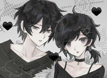 1boy 1girl andrew_graves ashley_graves black_hair black_shirt black_sweater bra_strap brother_and_sister choker collarbone green_eyes hair_ornament hairpin incest long_sleeves looking_at_viewer monochrome nnnyanrrr open_mouth pink_eyes ponytail shirt short_hair siblings simple_background sweater the_coffin_of_andy_and_leyley