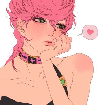 1girl blush bug heart highres insect jojo_no_kimyou_na_bouken ladybug pink_hair simple_background solo sos911p spotted_hair trish_una upper_body vento_aureo victory_rolls white_background