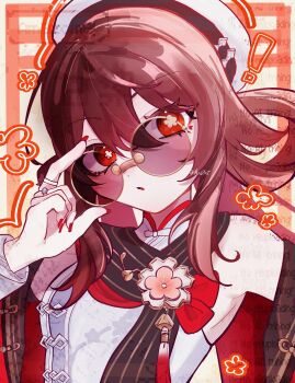 ! 1girl ama_some_(kr0ri) brown_hair brown_scarf chinese_clothes commentary_request detached_sleeves dress flower flower-shaped_pupils genshin_impact hair_between_eyes hair_rings hat highres hu_tao_(cherries_snow-laden)_(genshin_impact) hu_tao_(genshin_impact) jewelry long_hair looking_at_viewer multiple_rings nail_polish official_alternate_costume open_mouth red-tinted_eyewear red_eyes red_nails ring round_eyewear scarf solo sunglasses symbol-shaped_pupils tassel tinted_eyewear upper_body white_dress white_hat yellow-framed_eyewear