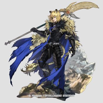 1boy animal_ears areadbhar_(fire_emblem) armor black_armor blonde_hair blue_cape blue_eyes cape closed_mouth commentary_request copyright_notice dimitri_alexandre_blaiddyd dimitri_alexandre_blaiddyd_(blue_lion) dimitri_alexandre_blaiddyd_(timeskip) english_text eyepatch fire_emblem fire_emblem_shadows fur-trimmed_cape fur_trim grey_background highres holding holding_polearm holding_weapon kemonomimi_mode lion_boy lion_ears lion_tail looking_at_viewer male_focus mixed-language_commentary nijihayashi nintendo official_art over_shoulder polearm tail torn_cape torn_clothes weapon weapon_over_shoulder