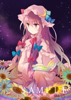 1girl blue_bow book bow bowtie capelet commentary_request crescent crescent_hat_ornament dress flower hair_bow hat hat_ornament holding holding_book kazu_(muchuukai) long_hair long_sleeves lowres mob_cap multiple_hair_bows open_book patchouli_knowledge pink_capelet pink_dress pink_hat purple_eyes purple_hair red_bow red_bowtie sample_watermark solo sunflower touhou watermark yellow_flower