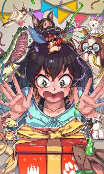 +_+ 1girl absurdres animal animal_on_head aqua_eyes bird black_hair blue_bow blue_shirt bow box bunting cat coke-bottle_glasses confetti crocodile crocodilian dog earrings fang flying_squirrel ganaha_hibiki gift gift_box glasses hair_bow hamster hamuzou hands_up hat heart-shaped_mouth highres hold111 hoop_earrings idolmaster idolmaster_(classic) inumi jewelry long_hair on_head parrot party_hat party_popper pig ponytail rabbit shirt shutter_shades snake squirrel star-shaped_eyewear star_(symbol) sunglasses v-shaped_eyebrows