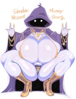 Rule 34 | 1girl, bikini, bling, bracelet, breasts, cleavage, cloak, commentary request, curvy, female pubic hair, gold bikini, gold bracelet, high heels, highres, huge breasts, jewelry, micro bikini, necklace, original, pale skin, pubic hair, simple background, squatting, swimsuit, white background, zombieskick