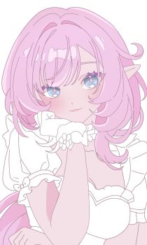 Rule 34 | 1girl, aviothicstar, blue eyes, breasts, cleavage, commentary, dress, elf, elysia (honkai impact), english commentary, gloves, highres, honkai (series), honkai impact 3rd, large breasts, long hair, looking at viewer, pink hair, pointy ears, simple background, smile, solo, very long hair, white background, white dress, white gloves