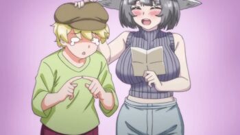 1boy 1girl 2023 20s age_difference animated anime_screenshot bag blonde_hair blunt_bangs blunt_ends blush bob_cut boy_(majo_wa_kekkyoku_sono_kyaku_to) breast_pocket breasts broom button_dress choker closed_eyes collarbone crystal_ball dark-skinned_male dark_elf dark_skin door elf glasses green_hair green_shirt grey_hair hand_up happy hat headpat high_ponytail hotel_room large_breasts leo_(majo_wa_kekkyoku_sono_kyaku_to) letter long_hair lowres magical_mojikawa majo_wa_kekkyoku_sono_kyaku_to..._the_animation mashima_mojikawa mature_female mojikawa-san musical_note older_female_and_younger_male onee-shota penis pocket pointy_ears ponytail shirt short_male shorts shota size_difference sleeveless sleeveless_sweater smile sound standing sweater tagme tears turtleneck turtleneck_sweater uniform_vest video waist_ribbon waitress_uniform wide_hips window witch witch_broom witch_hat
