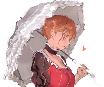 0104mq 1girl beatrice_(umineko) blonde_hair blush commentary dress english_commentary from_side highres holding holding_umbrella looking_ahead simple_background solo standing umbrella umineko_no_naku_koro_ni upper_body white_background white_umbrella