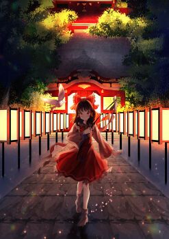 1girl absurdres ascot black_hair blush bow closed_mouth collared_shirt commentary detached_sleeves frilled_bow frilled_shirt_collar frills gohei hair_bow hakurei_reimu highres holding holding_gohei medium_hair nettian51 no_shoes pavement petals red_bow red_eyes red_shirt red_skirt ribbon-trimmed_collar ribbon-trimmed_skirt ribbon-trimmed_sleeves ribbon_trim shirt shrine skirt smile socks solo touhou tree walking white_sleeves white_socks yellow_ascot