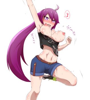 arm_up belt blue_pants blush breasts brown_belt exhibitionism flipped_hair hair_between_eyes kisaragi72tihaya knee_up konishi_ayano koushinism large_breasts navel pants ponytail public_indecency purple_eyes purple_hair shirt t-shirt undressing