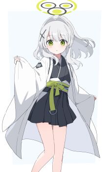 1girl absurdres alternate_costume black_halo black_kimono blue_archive blue_background blush border coat commentary_request cross_hair_ornament feet_out_of_frame green_eyes green_halo grey_hair hair_between_eyes hair_intakes hair_ornament halo hare_(blue_archive) highres japanese_clothes kimono kimono_skirt looking_at_viewer mochigome_(ununquadium) obi open_clothes open_coat outside_border parted_lips ponytail sash sidelocks simple_background solo standing white_border white_coat