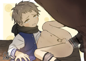 1boy alk anal animal_penis bar_censor bestiality black_scarf brown_eyes censored chinese_zodiac clenched_teeth clothes_lift commentary_request grey_hair horse horse_penis lying male_focus on_back original penis penis_grab rolling_eyes scarf sex shirt_lift short_hair shota small_penis stomach_bulge teeth testicles underwear_around_one_leg very_short_hair yaoi year_of_the_horse