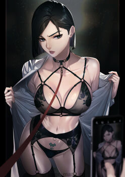 1girl absurdres black_bra black_hair black_panties bra breasts cellphone choker cleavage collarbone commentary_request exhibitionism garter_belt garter_straps green_eyes groin highres holding holding_phone kagematsuri leash looking_at_viewer medium_breasts navel open_clothes open_shirt panties parted_lips phone pov pubic_tattoo public_indecency shirt short_hair single_bare_shoulder smartphone tattoo underwear undressing valorant viewer_holding_phone viper_(valorant) white_shirt