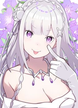 1girl :p akanbe bare_shoulders blunt_bangs braid breasts cleavage collarbone commentary_request crown_braid dress emilia_(re:zero) eyelid_pull floral_background flower gem gloves hair_flower hair_ornament hair_ribbon highres hikimori_hikiko large_breasts long_hair looking_at_viewer off_shoulder pointy_ears purple_eyes purple_flower purple_ribbon re:zero_kara_hajimeru_isekai_seikatsu ribbon rose smile solo tongue tongue_out upper_body white_dress white_flower white_gloves white_hair white_rose x_hair_ornament