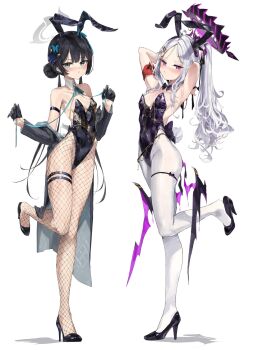 2girls ahoge alternate_costume animal_ear_hairband animal_ears aqua_ribbon armband armlet armpits arms_behind_head arms_up bare_shoulders black_bow black_bowtie black_gloves black_hair black_hairband black_halo black_leotard black_ribbon black_shoes black_wings blue_archive blue_eyes blush bow bowtie braid braided_bun breasts butterfly_hair_ornament closed_mouth coat coat_partially_removed demon_girl demon_horns demon_wings detached_collar dot_nose double_bun dragon_print fake_animal_ears fake_tail fishnet_pantyhose fishnets furrowed_brow gloves grey_coat grey_halo hair_bun hair_ornament hair_over_shoulder hair_ribbon hairband half-closed_eyes half_gloves halo hands_up high-waist_pantyhose highleg highleg_leotard highres hina_(blue_archive) horns jewelry kisaki_(blue_archive) leg_up leotard loli long_hair long_sidelocks looking_at_viewer low_wings meltyrice multiple_girls multiple_horns neck_ribbon off_shoulder open_clothes open_coat oversized_breast_cup pantyhose pinstripe_coat playboy_bunny ponytail print_leotard purple_eyes purple_leotard rabbit_ears rabbit_tail red_armband ribbon shoes sidelocks simple_background small_breasts standing standing_on_one_leg strapless strapless_leotard tail thigh_strap thighs twintails very_long_hair white_background white_hair white_pantyhose wings