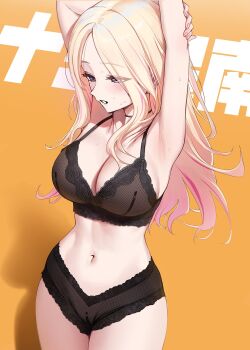 1girl ame_(uten_cancel) armpits arms_up black_bra black_choker black_panties blonde_hair bra breasts character_name choker commentary gakuen_idolmaster gradient_hair highres idolmaster juo_sena large_breasts long_hair multicolored_hair navel orange_background panties parted_bangs parted_lips solo thighs underwear underwear_only