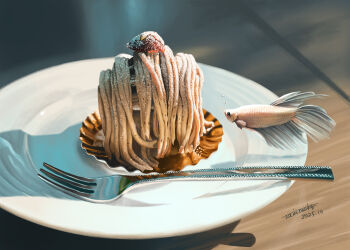 absurdres adobe_fresco_(medium) air_bubble animal artist_name bubble chestnut commentary_request dated dessert fish flying_fish food food_focus fork highres mont_blanc_(food) original plate still_life tainosuke