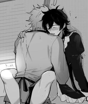 2boys apron blush cum cum_on_body cum_on_lower_body genshin_impact greyscale highres hooang18 leg_lock maid maid_apron male_focus monochrome multiple_boys sex suspended_congress tartaglia_(genshin_impact) twitter yaoi zhongli_(genshin_impact)